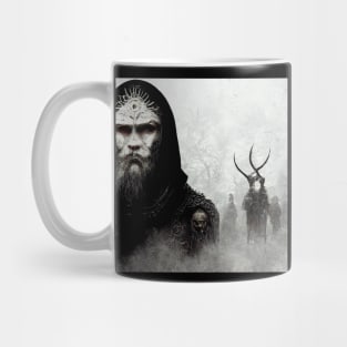 Fierce Viking man leading his people into the forest. Mug